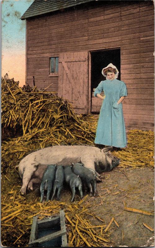 Woman with Sow Pig Piglets Barnyard Barn c1922 Vintage Postcard H03