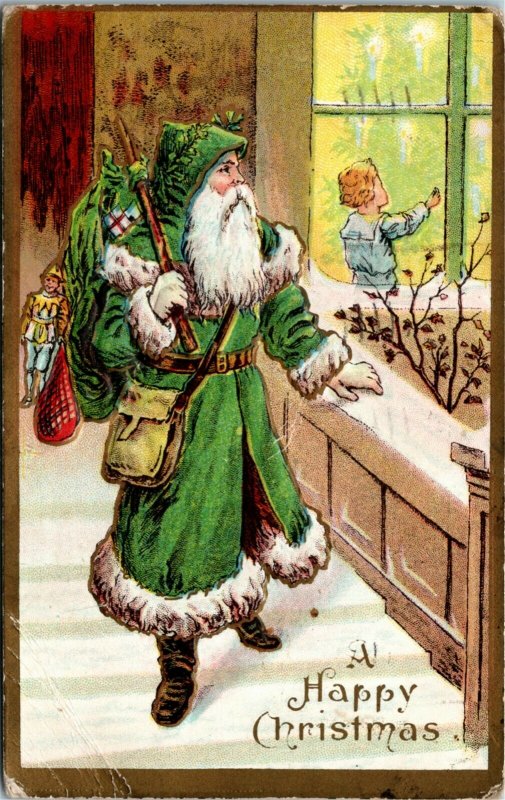 Postcard Embossed Santa in Green Robe Peeks Through Window at Child 1910 L12