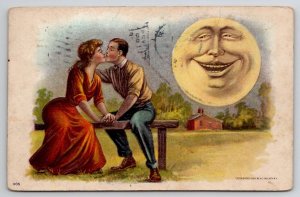 Kissing Romance Under The Moon With Teeth And Big Smile Postcard A46