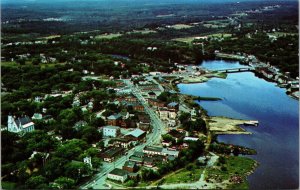 Vtg Calais Maine ME Main Street Aerial View Bridge to St Stephen 1950s Postcard