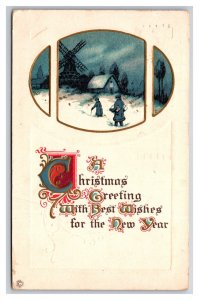 Christmas Greeting New Year Winter Landscape Windmill Embossed DB Postcard A16