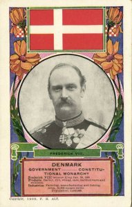 King Frederick VIII of Denmark in Uniform, Medals, National Flag (1909) Postcard