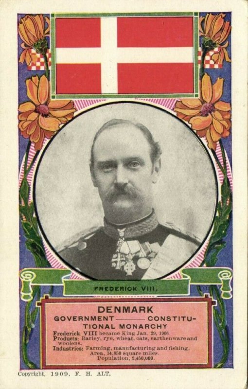 King Frederick VIII of Denmark in Uniform, Medals, National Flag (1909) Postcard