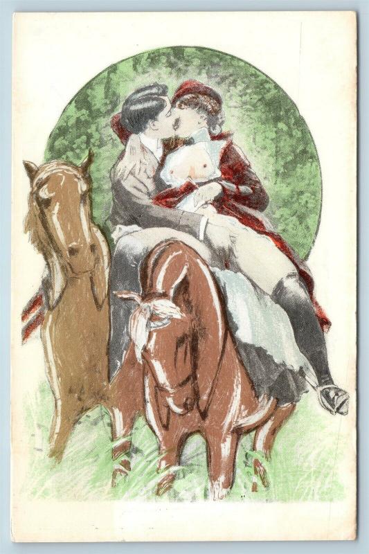 Postcard French Risque Man Woman Nude Action Cartoon Touching On Horseback Q16