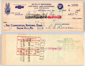 1934 POCOMOKE CITY MD DUNCAN BROTHERS CHEVROLET SNOW HILL AMERICAN OIL CO CHECK