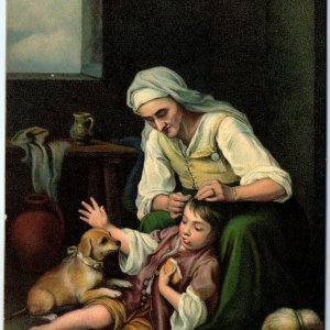 c1900s Munich, Germany Murillo Alte Frau mit Knaben Painting Art Child Dog A366