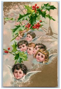 Christmas Postcard Greetings Angels Head Holly Berries Bell Nash Embossed Posted
