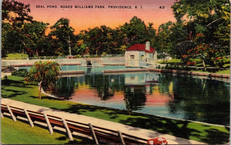 Roger Williams Park Providence Rhode Island Seal Pond Scenic Linen Postcard