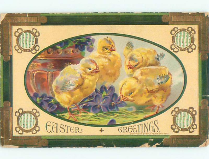 Pre-Linen easter GROUP OF CHICKS AROUND PURPLE FLOWERS k2871