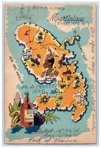 1951 Map View Fort of France Rhum Bottle Fruits Buckaroo Vintage Postcard