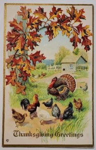 Thanksgiving Greetings Turkeys  Glitter Decorated Fall Leaves Postcard K29