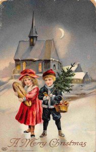 Merry Christmas Boy Girl Bread Grocery Basket Night Snow 1911 postcard