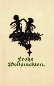 Merry Christmas Silhouette Cute Angels Heart Star Branches Vintage Postcard C326