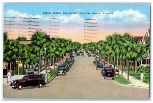 1940 Ocean Shore Boulevard Cars Palm Trees Daytona Beach Florida FL Postcard