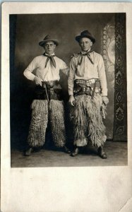 1910s Two Men Dressed as Cowboys with Guns Studio Real Photo Postcard