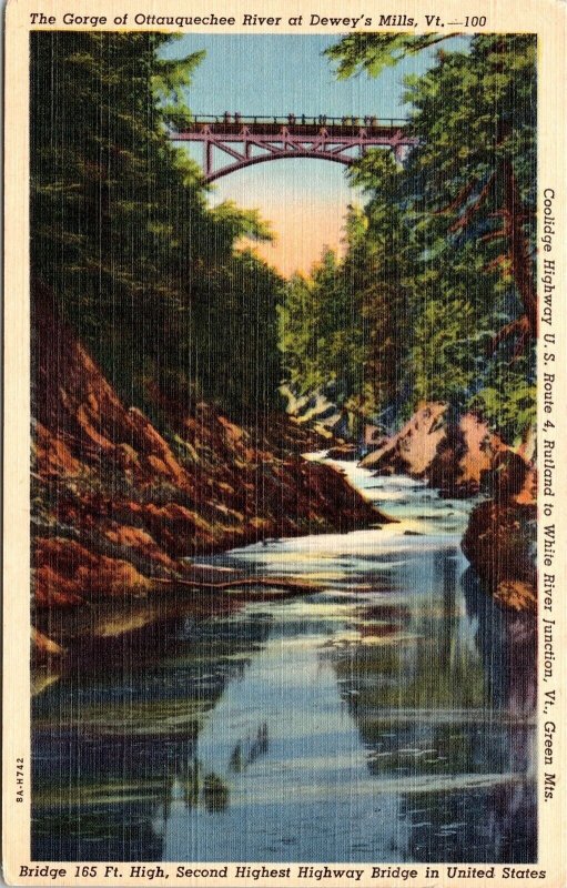 Gorge Ottauquechee River Deweys Mills VT Hwy Bridge Vermont Linen Postcard VTG 