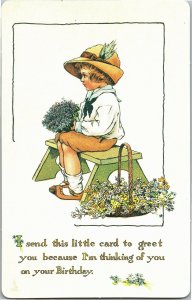 Child Sitting on Bench Holding Bouquet Reproduction of 1900s Postcard T17