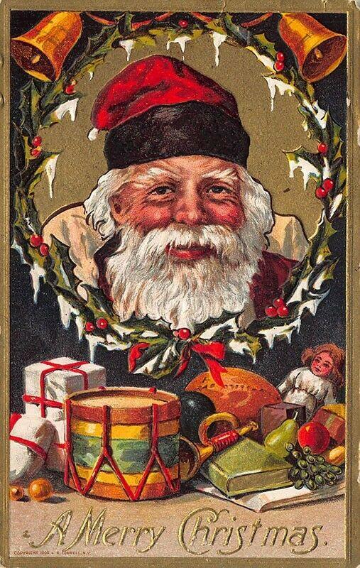 A Merry Christmas Red Robed Santa Claus Toys Wreath 41932 Postcard