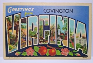 Greetings From Covington Virginia Large Big Letter Linen Postcard Curt Teich '48