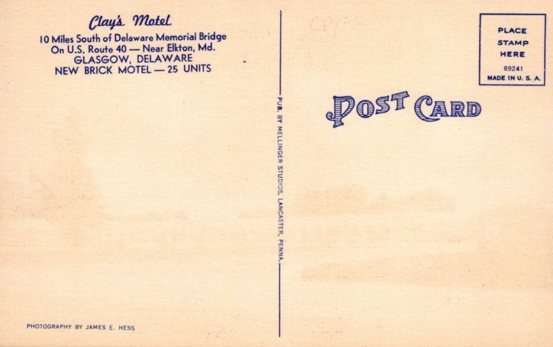 Postcard Clay's Motel Glasgow Delaware DE