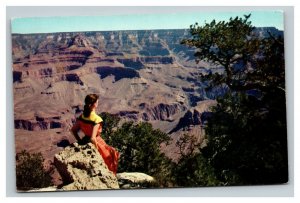 Vintage 1959 Postcard Woman in Red Dress Yaki Point Grand Canyon Arizona