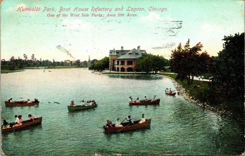 Vtg Postcard 1910 Humboldt Park Boat House Refectory and Lagoon Chicago IL