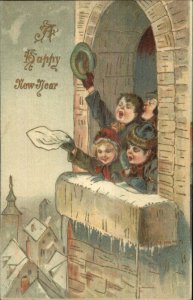 New Year - Children Wave From Church Tower c1910 Postcard