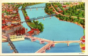 Ohio Zanesville Aerial View Of Y Bridge Curteich