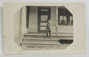 Sweet Young Boy Posing for Photo On Porch c1910 rppc Postcard R7