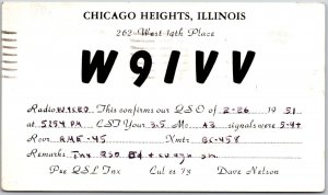 1951 QSL Radio Card W9IVV Chicago Heights Amateur Radio Station Posted Postcard