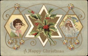Christmas Santa Claus Girl Holly Jewel Gilt Embossed Art Nouveau c1900s-20s PC 2