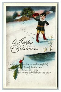 Vintage 1910's Christmas Postcard Boy with Red Hat in the Snow Mistletoe Berries