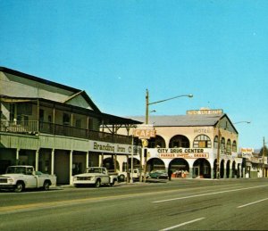 Parker, Arizona Postcard street view, old cars, Branding Iron Cafe, City Drug