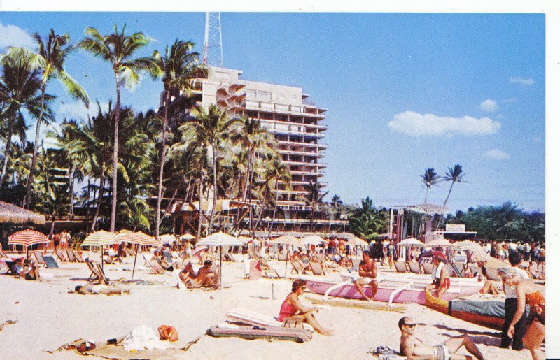 America Postcard - On The Beach - Hawaiian Village Hotel in Background   U4285