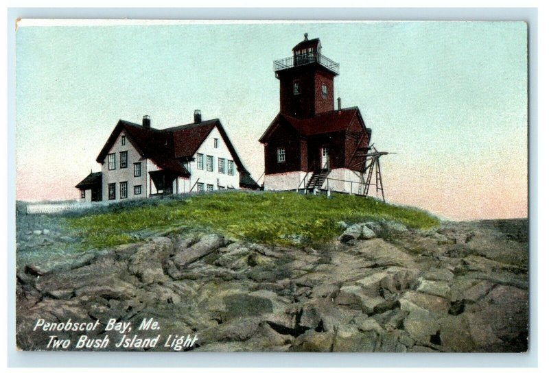 c1910 Two Bush Island Light, Penobscot, Maine ME Antique Postcard