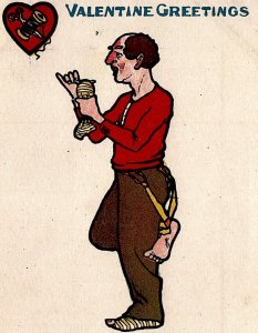 c1900 VALENTINE GREETINGS BACHELOR HOLE IN SOCKS TUCKS HUMOROUS POSTCARD 26-254