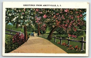 1922 AMITYVILLE LONG ISLAND NY GREETINGS SPRING TIME CAR DRIVE POSTCARD P3624