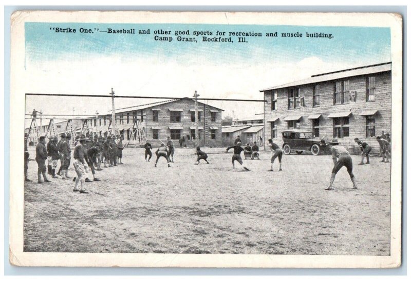 1910 Strike One Baseball Sports Recreation Building Camp Grant Rockford Postcard