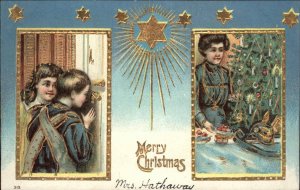 Christmas Kids Spy on Mother Puttings Gifts Under Tree c1910 Vintage Postcard