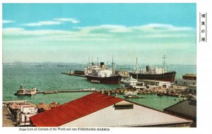 Vintage Postcard Ships from all Corners World Sail into Yokohama Harbor Japan