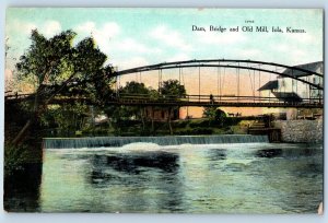 1909 Dam Truss Bridge & Old Mill River Falls View Lola Kansas Antique Postcard