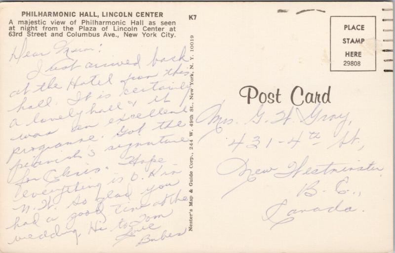 Philharmonic Hall Lincoln Center NY New York Vintage Postcard D73