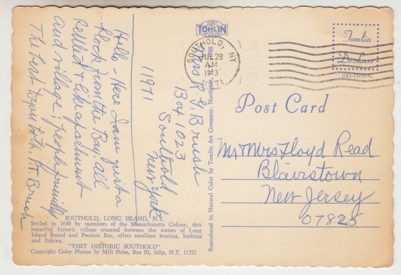 P2440, 1973 postcard historic southold L.I. ny multiview postmarked addrtesses