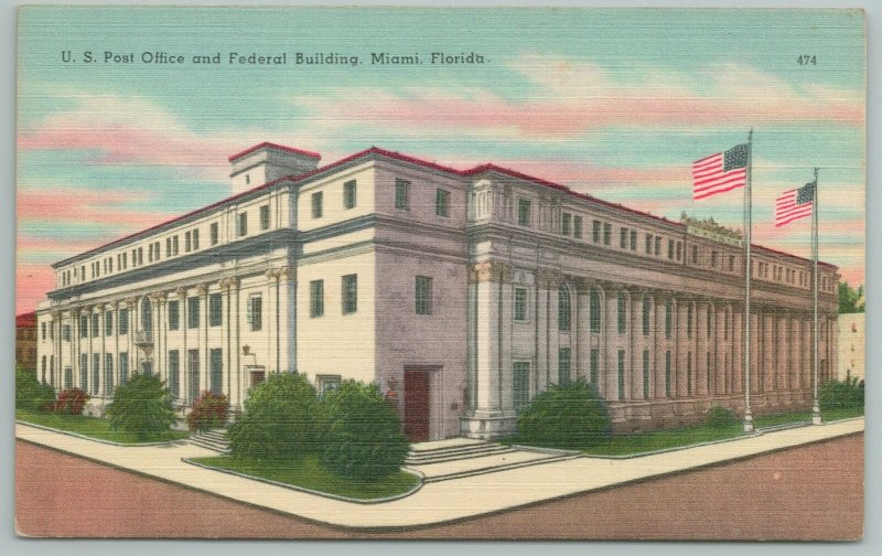 Miami Florida~US Post Office~Federal Building~American Flags~Vintage Postcard