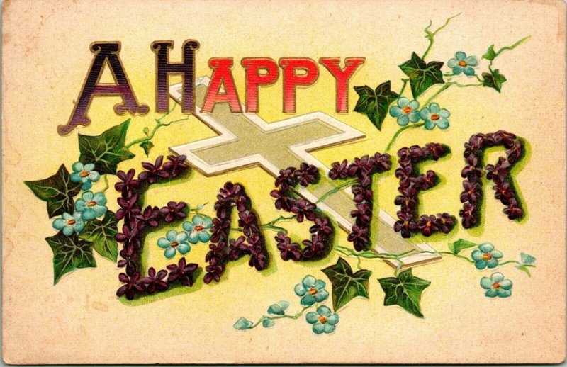 Vtg Linen Postcard Large Letter Greetings Embossed A Happy Easter UNP