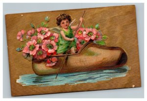 Vintage 1910's Postcard - Cute Angel in Giant Shoe Rowboat Large Pink Flowers