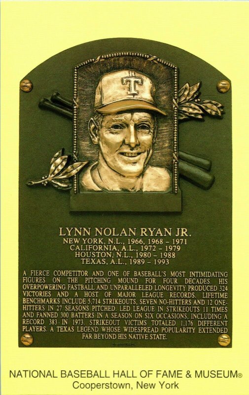 2005 Unused Cooperstown Hall of Fame Induction Plaque Postcard Nolan Ryan