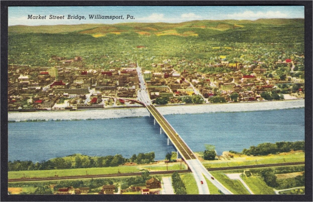 Williamsport PA Aerial View with Market Street Bridge 1950s Linen
