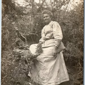 c1910s Middle Aged Woman Woods RPPC Sharp Real Photo - Flower Old Lady Girl A212