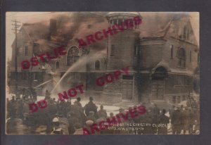 Mason City IOWA RPPC 1916 FIRE Disaster CHRISTIAN CHURCH Flames FIREMEN Hoses IA